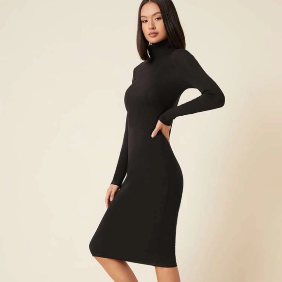 SOLD SHEIN BASICS Cotton High Neck Solid Bodcon Dress - Picture 3 of 6
